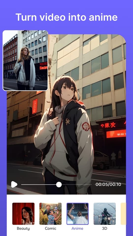App screenshot showing anime conversion feature